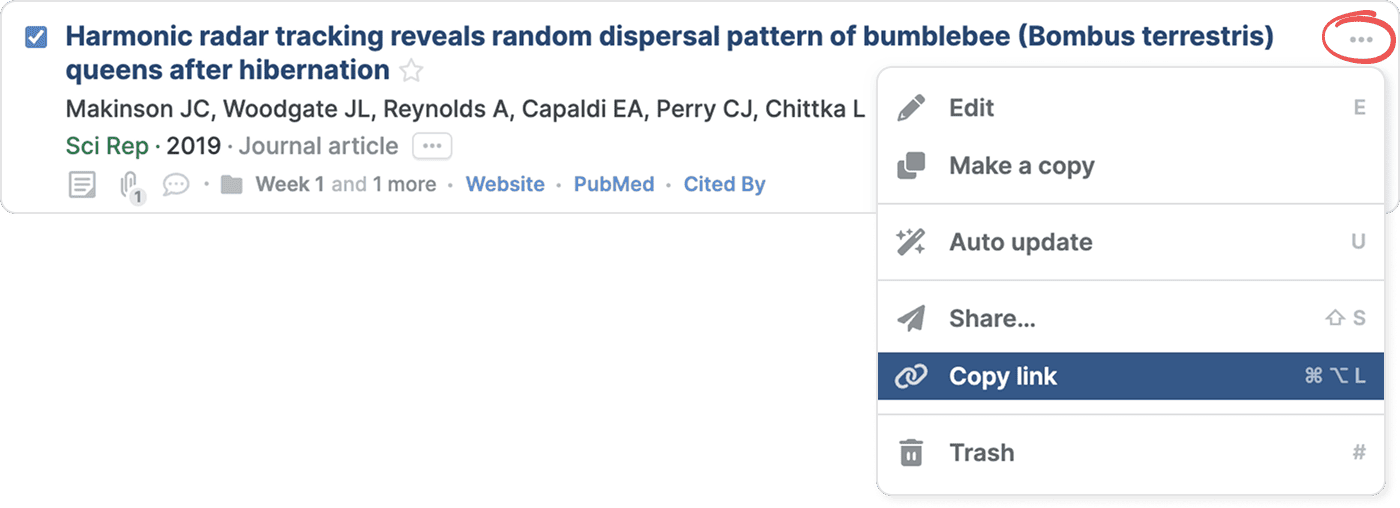 A selected reference with its circled three-dot menu open and “Copy link” highlighted, below Edit, Make a copy, Auto update and Share…, and above Trash.